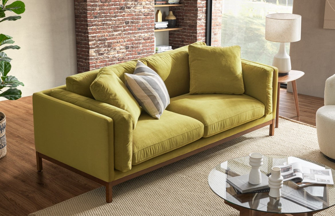 Owen 3 Seater Sofa Olive Gold with Walnut Legs